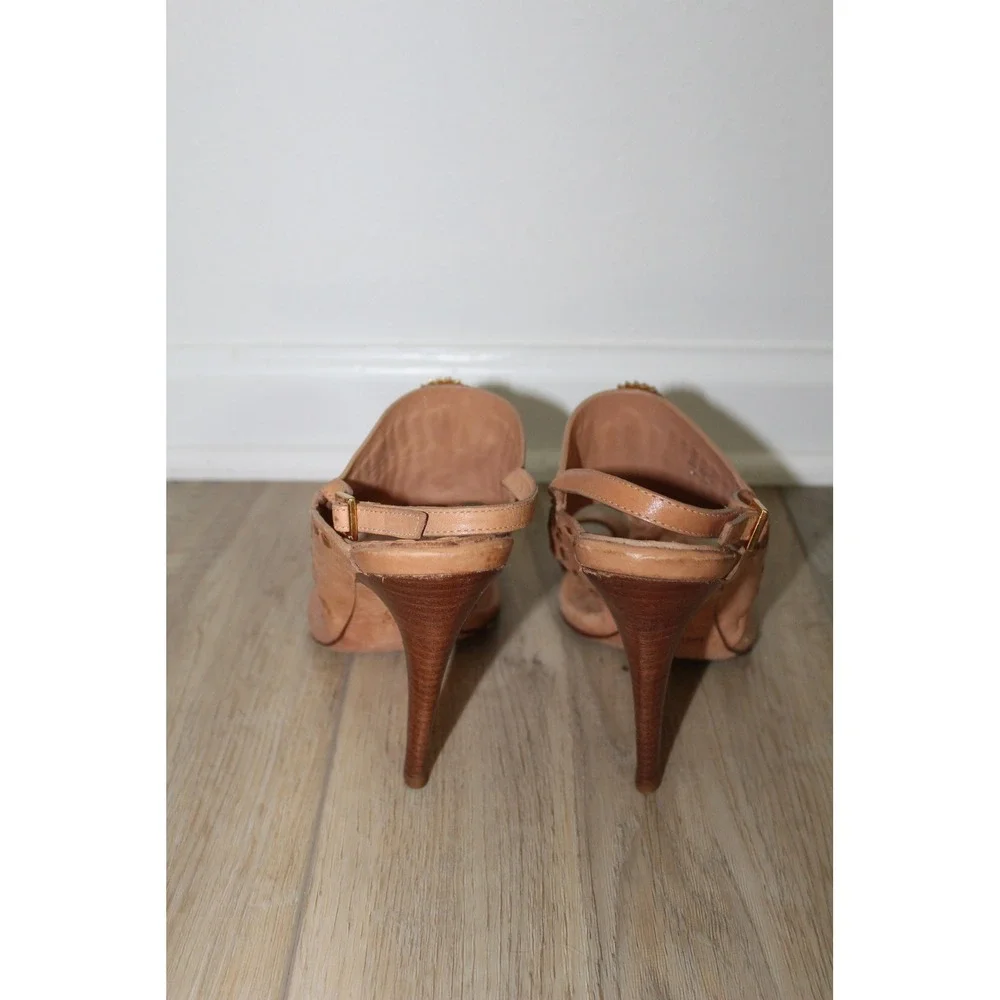 Tory Burch Tan Leather Gold Medallion Thong Slingback Stiletto Heels Size 9M
